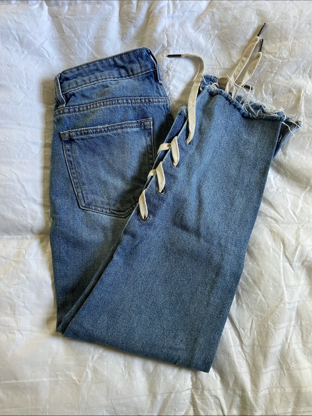 Lace-Up Ankle Crop Women's Jeans in Blue